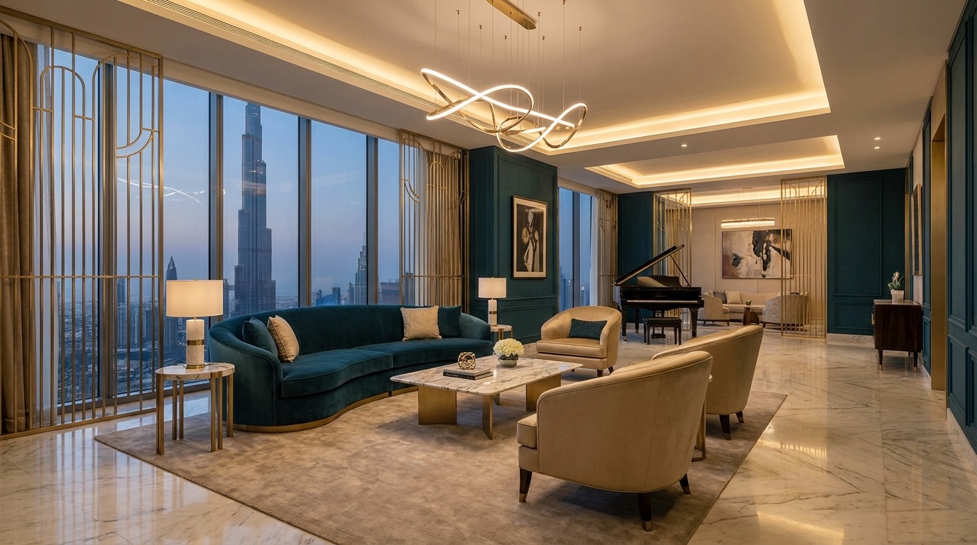 Luxury penthouse living room with Dubai skyline view
