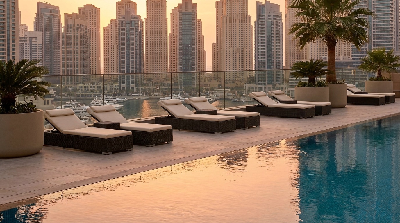 Rooftop infinity pool overlooking Dubai Marina